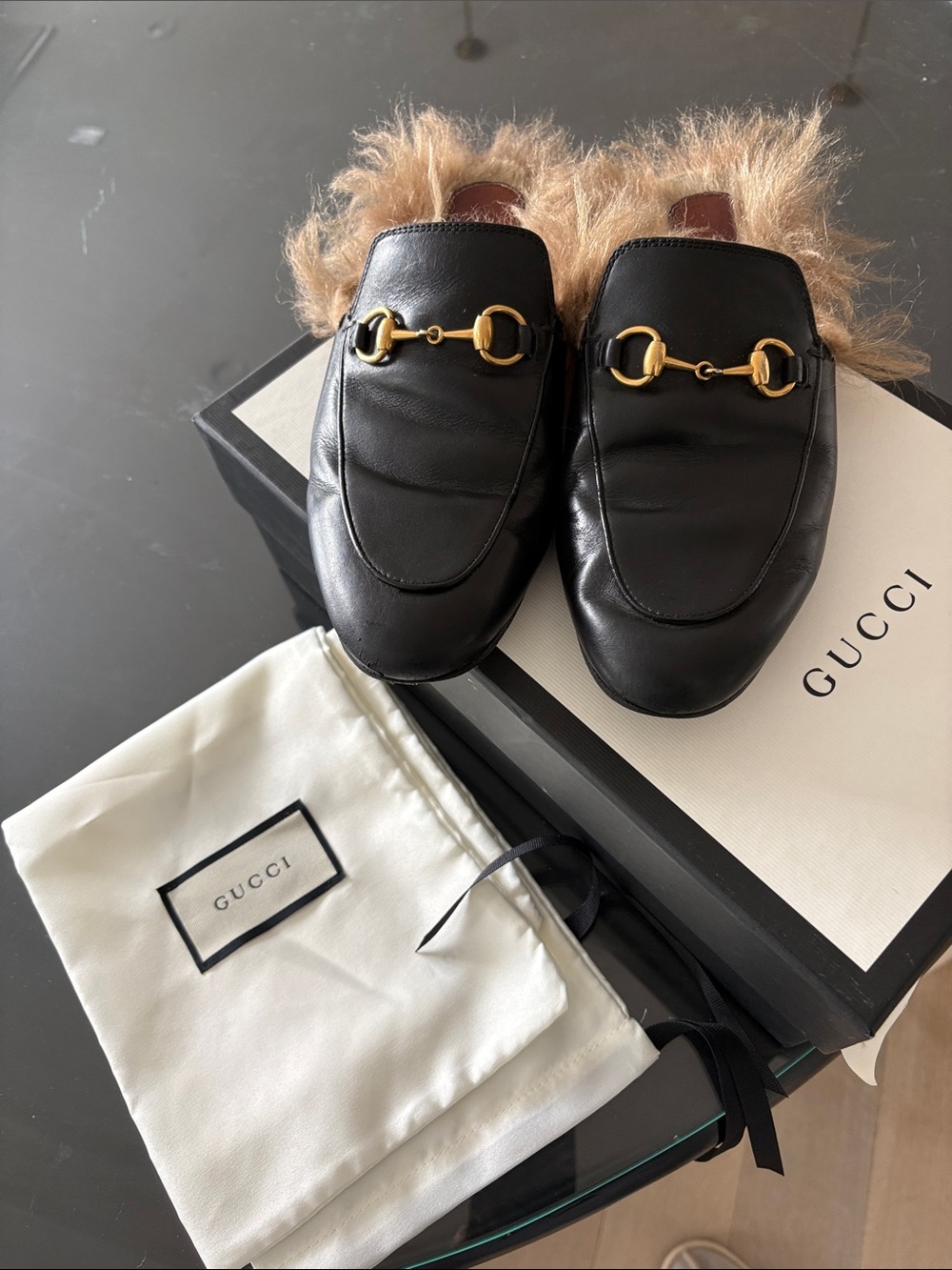 Gucci Black Leather Fur-Lined Horsebit Loafers